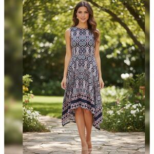 Ivanka Trump Medallion Print Matte Jersey Split Neck Hankyhem Navy/Coral sz 6